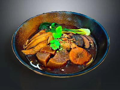 Hearty Braised Meat Stew in Ceramic Bowl with Dark Sauce Fresh Vegetables and Cilantro 3d model