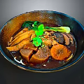 Hearty Braised Meat Stew in Ceramic Bowl with Dark Sauce Fresh Vegetables and Cilantro