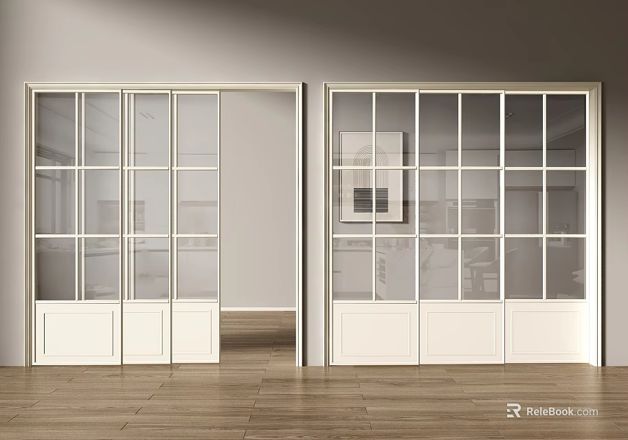 Modern Interior Sliding Doors With Glass Grid Design White Frames Open And Closed 3d model