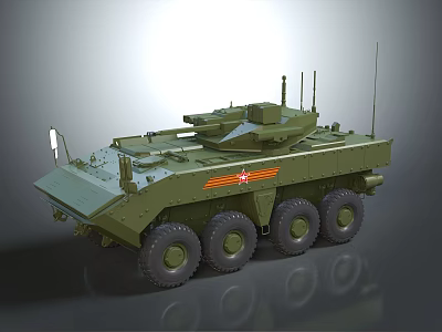 Military Green Armored Vehicle with 6x6 Wheels Weapon Turret and Communication Antennas 3d model