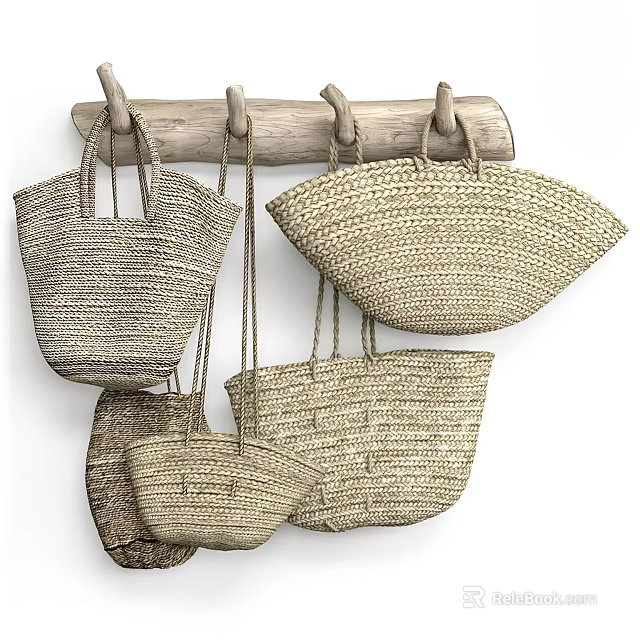 Handwoven Straw Bags And Baskets Hanging On Rustic Wooden Rod 3d model 
