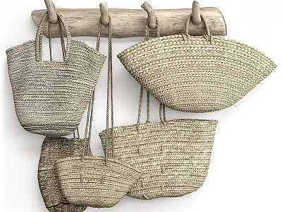 Handwoven Straw Bags And Baskets Hanging On Rustic Wooden Rod 3d model