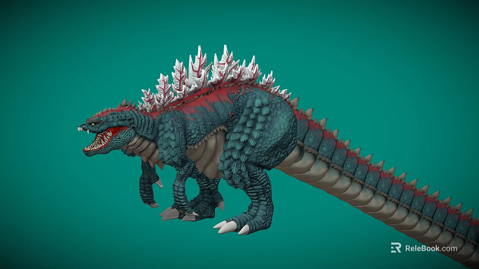Giant Monster Dinosaur Featuring Open Mouth Sharp Teeth Green Skin Red Back And White Spikes 3d model 