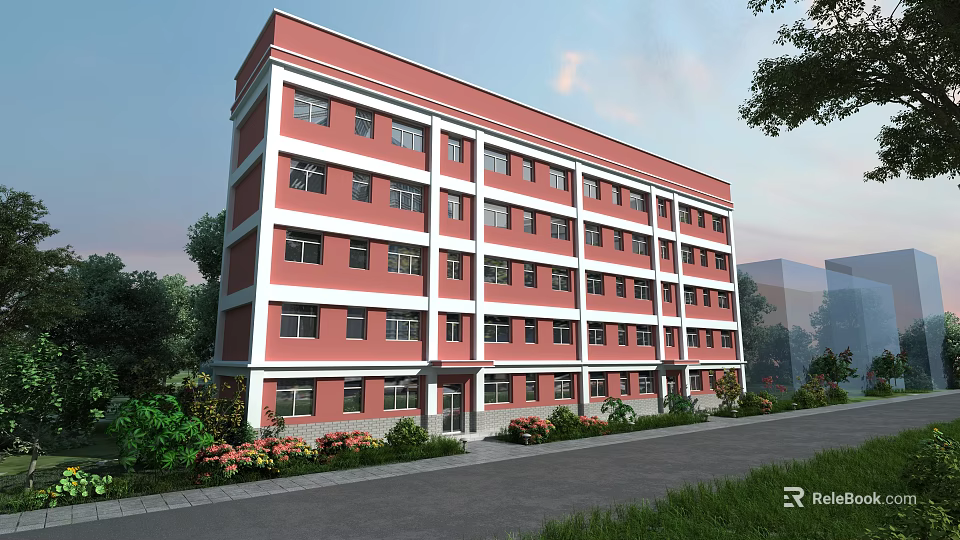 Red And White Multi Storey School Building With Large Windows Green Plants And Trees 3d model 