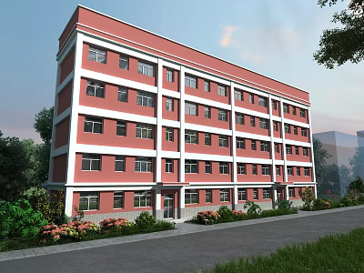 Red And White Multi Storey School Building With Large Windows Green Plants And Trees 3d model