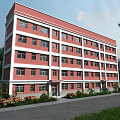 Red And White Multi Storey School Building With Large Windows Green Plants And Trees