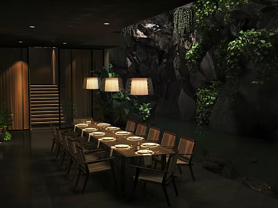 Natural Style Private Dining Room With Rock Background Lush Greenery And Wooden Table 3d model