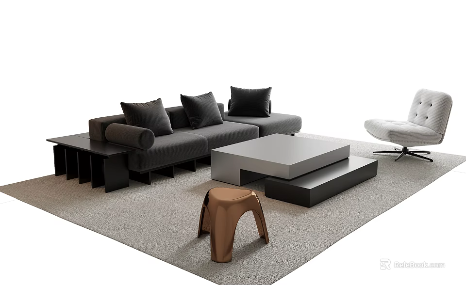 Modern Black Sofa And Coffee Table Set With Multiple Cushions Grey Table And Brown Stool 3d model