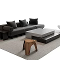 Modern Black Sofa And Coffee Table Set With Multiple Cushions Grey Table And Brown Stool 3d model