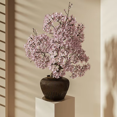 Pink Flowers in Brown Striped Vase on Beige Wall with Window Blinds Shadow 3d model