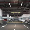 Spacious Parking Garage Interior With Parked Vehicles White Columns Yellow Parking Lines And Directional Arrows