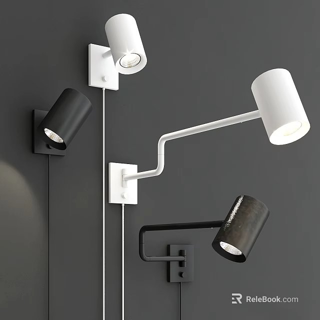 Modern Black And White Wall Lamps With Adjustable Curved Arms For Home Interior 3d model 