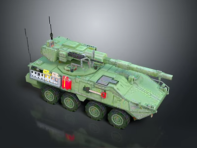 Green Military Wheeled Tank Featuring Six Wheels Antenna Weapon System And Storage Boxes 3d model