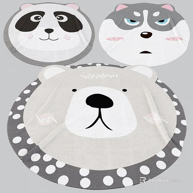 Round Carpet With Cute Cartoon Animal Faces And Polka Dot Border Design 3d model 