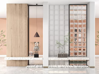 Modern Interior Room Divider With Wooden Panels Grid Design And Potted Plants 3d model
