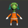 3D Green Alien Creature Character Wearing Orange Outfit With Blue Straps And White Gloves