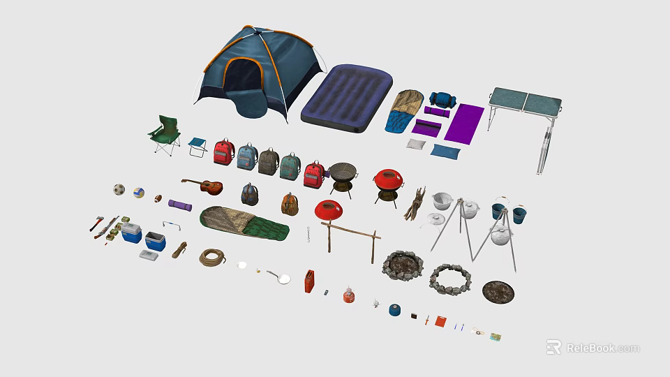 Outdoor Recreational Camping Gear Including Tent Inflatable Mattress Folding Table Chairs And Cooking Tools 3d model 