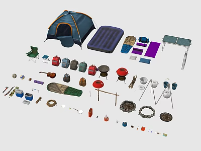 Outdoor Recreational Camping Gear Including Tent Inflatable Mattress Folding Table Chairs And Cooking Tools 3d model