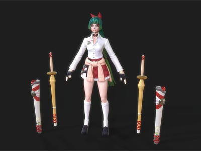 Game and Movie Character with Green Hair Red Bow White Top Red Skirt and Swords 3d model