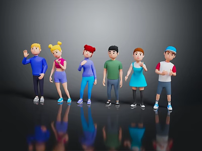 Animated Game Movie Characters With Six Different Hairstyles And Outfits On Black Background With Reflections 3d model