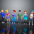 Animated Game Movie Characters With Six Different Hairstyles And Outfits On Black Background With Reflections
