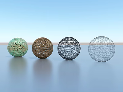 Intricate Hollow Spherical Sculpture Carvings In Four Colors Against Light Blue Sky And Light Ground 3d model