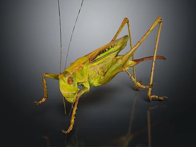Detailed Green Grasshopper With Long Antennae And Hind Legs Close Up View On Dark Background 3d model