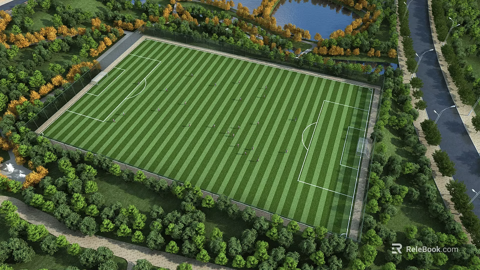 Standard Football Field With Lush Green Turf Surrounding Trees And Scenic Lake View 3d model