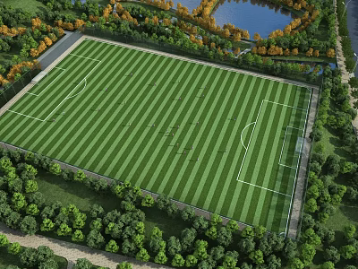 Standard Football Field With Lush Green Turf Surrounding Trees And Scenic Lake View 3d model
