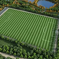 Standard Football Field With Lush Green Turf Surrounding Trees And Scenic Lake View 3d model