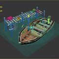 Brown Wooden Boat With Seats Steering Wheel Near Wooden Dock Lifebuoy Red Box Orange Buoys