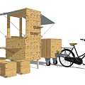 Functional Wooden Cart With Bicycle Trailer Canopy Platform And Stools 3d model