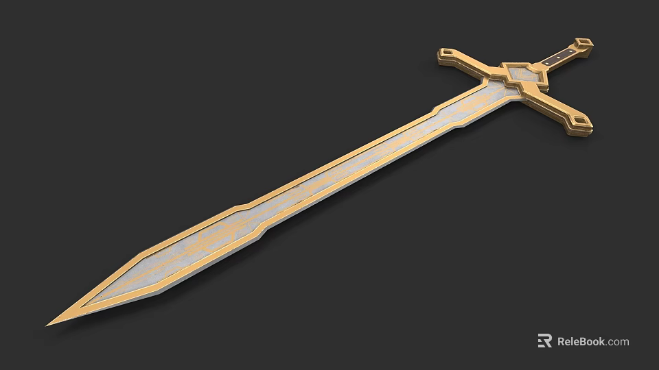 Ornate Golden Sword With Decorative Hilt And Long Metallic Blade Design 3d model 