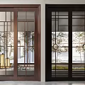 Sliding Doors With Dark Brown Black Frames Lattice Glass Panels Interior Exterior Plant View