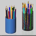 Vibrant Colored Pencils In Two Pencil Holders Blue Container And Black Perforated Design