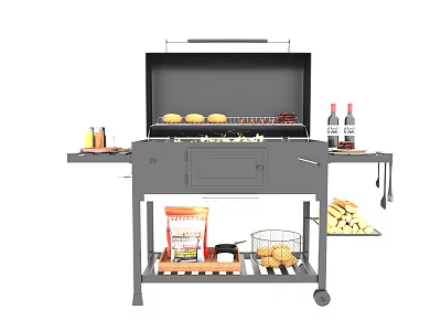 Outdoor Portable Grill With Wheels Grilling Food Seasonings Wine Bottles Firewood And Storage Shelves 3d model