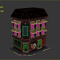 Cartoon Scene Two Story Shop Building With Brown Roof Green Awnings Red Door Display Window