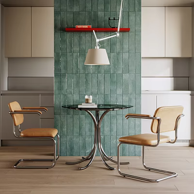 Contemporary Kitchen Table And Chairs With Glass Top Metal Frame And Beige Leather Seats 3d model