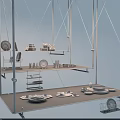 Multi Tiered Metal Rack With Hanging And Arranged Colorful Dinnerware Set