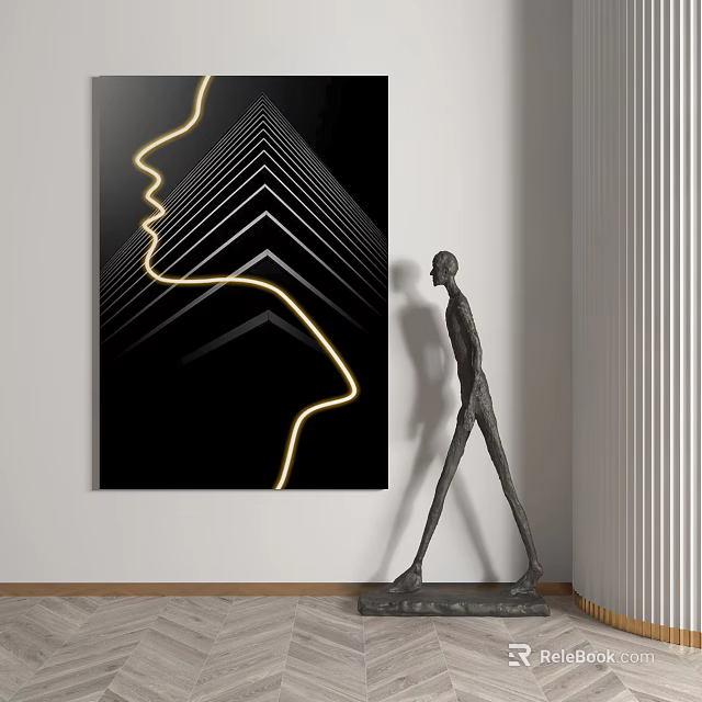 Abstract Painting With Yellow Line Side Profile And Black Sculpture In Modern Interior 3d model 