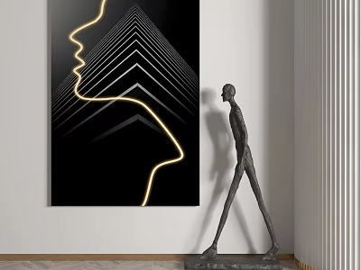 Abstract Painting With Yellow Line Side Profile And Black Sculpture In Modern Interior 3d model