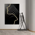 Abstract Painting With Yellow Line Side Profile And Black Sculpture In Modern Interior