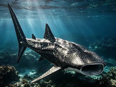 Whale Shark Swimming In Underwater Environment With Sunlight Rays And Coral Reef 3d model