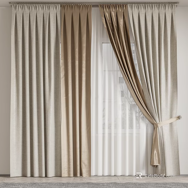 Layered Beige Linen Curtains With Sheer Panels And Window Tieback Design 3d model 
