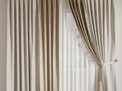 Layered Beige Linen Curtains With Sheer Panels And Window Tieback Design 3d model