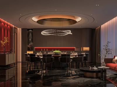 Private Dining Room With Circular Chandelier Marble Tabletop And Dark Furniture 3d model