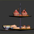 Delicious Assorted Desserts On Three Tiered Stand With Teacups Fresh Fruits And Sandwiches