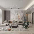 Modern Living and Dining Area Interior With Gray Sofa Marble Coffee Table TV And Large Windows