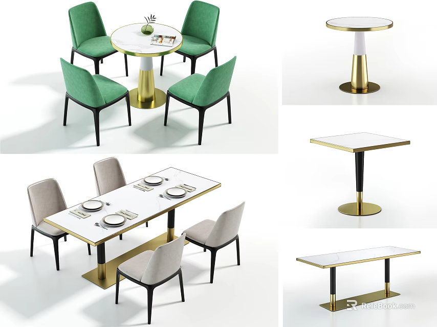 Modern Dining Table Set With White Tabletop Gold Base Green And Gray Chairs 3d model