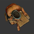 Traditional Man Sitting Crafting Wood with Tool Wearing Green Headdress and Blue Necklace